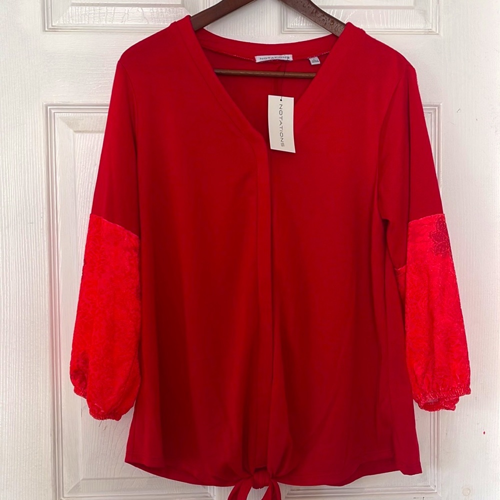 NOTATIONS Red Floral Balloon sleeve button down Top shirt size  L